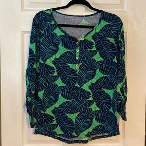 Lilly Pulitzer blouse with palm leaves print. Top is in EUC